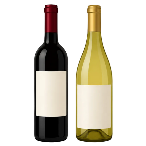 Two wine bottles on a white background: one pale yellow wine bottle with a gold foil top, and one dark bottle with a blank cream label.